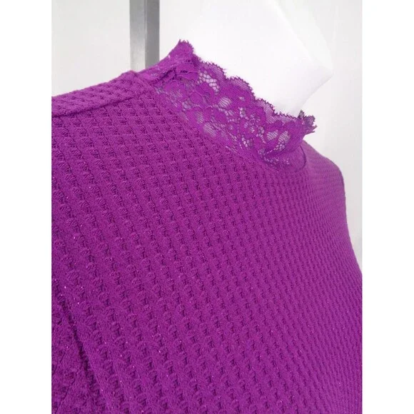 LOGO Lori Goldstein Purple Metallic Waffle Knit Mock Neck Top Lace Sz Large New - Picture 9 of 15